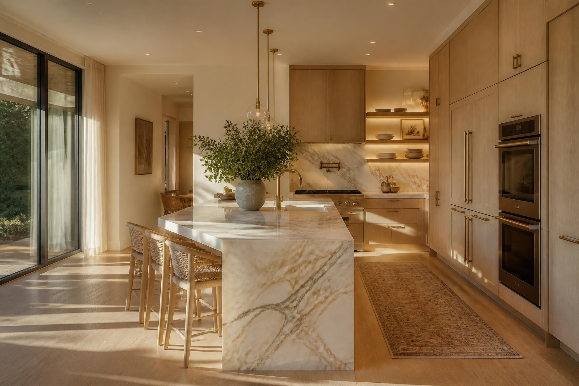 Luxury kitchen with marble island, oak cabinetry and warm morning light